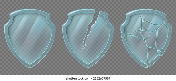 Set of glass broken shields with crack and splinters. Template isolated on transparent background. Vector icon