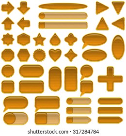 Set Glass Brown Buttons and Sliders with Wood Texture and Golden Frames, Computer Icons Different Forms for Web Design on White Background. Eps10, Contains Transparencies. Vector