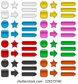 Set of glass buttons, computer icons of different colors and shapes for web design. Vector eps10, contains transparencies