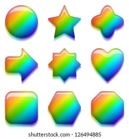 Set of glass buttons of different forms, all colors of the rainbow, elements for web design. Vector eps10, contains transparencies