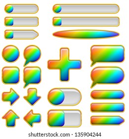 Set of glass buttons of different forms, all colors of the rainbow, elements for web design. Vector eps10, contains transparencies