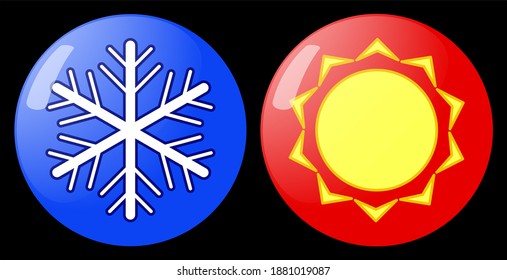 Set of glass buttons with sun and snowflakes emblem.