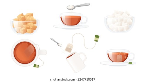 Set aus Glas und Keramik-Tasse mit Teebeutel und ZuckerVektorgrafik einzeln auf weißem Hintergrund