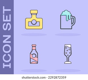 Set Glass of champagne, Alcohol drink Rum, Beer bottle and Wooden beer mug icon. Vector