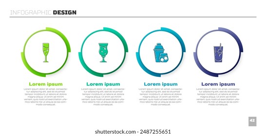 Set Glass of champagne, beer, Cocktail shaker and Bloody Mary. Business infographic template. Vector