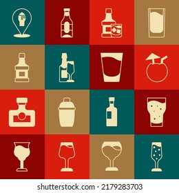 Set Glass of champagne, beer, Coconut cocktail, Whiskey bottle and glass, Champagne, Alcohol or bar location and Shot icon. Vector