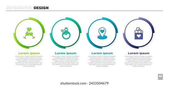 Set Glass of champagne, Bottle with love potion, Location heart and Shopping bag. Business infographic template. Vector