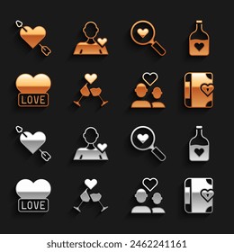 Set Glass of champagne, Bottle with love potion, Love diary, Lover couple, Heart, Search heart and, Amour arrow and Romantic man icon. Vector