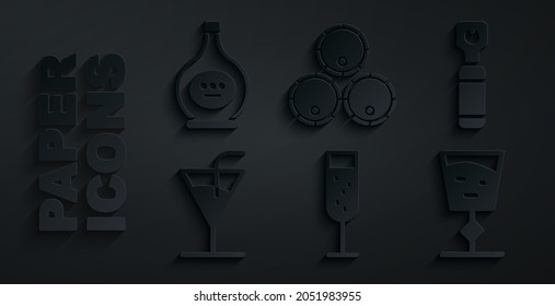 Set Glass of champagne, Bottle opener, Cocktail, Wine glass, Wooden barrels and cognac or brandy icon. Vector