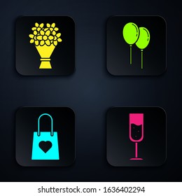 Set Glass of champagne, Bouquet of flowers, Shopping bag with heart and Balloons with ribbon. Black square button. Vector