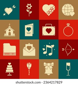 Set Glass of champagne, Bow and arrow, Diamond engagement ring, Candy heart shaped box bow, Valentines day party flyer with, Church building, Amour symbol and Suitcase for travel icon. Vector