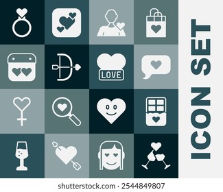 Set Glass of champagne, Chocolate bar, Heart in speech bubble, Romantic man, Bow and arrow, Calendar with heart, Wedding rings and  icon. Vector