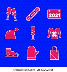 Set Glass of champagne, Christmas mitten, shopping bag, sweater, Figure skates, Santa Claus hat, Calendar and  icon. Vector
