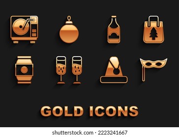 Set Glass of champagne, Christmas shopping bag, Festive mask, Santa Claus hat, Beer can, Champagne bottle, Vinyl player with vinyl disk and ball icon. Vector