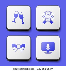 Set Glass of champagne, Christmas wreath, Gift bow and tree icon. White square button. Vector