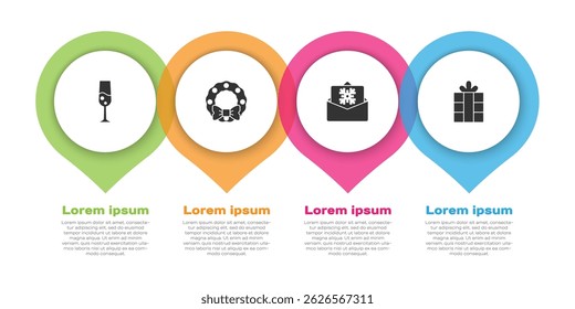 Set Glass of champagne, Christmas wreath, postcard and Gift box. Business infographic template. Vector
