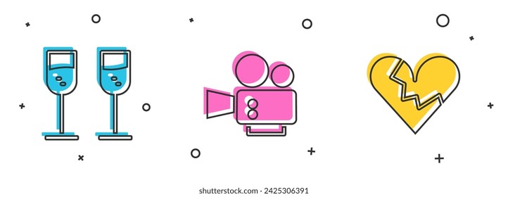 Set Vaso de champán, cámara de cine y corazón roto o icono de divorcio. Vector