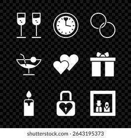 Set Glass of champagne, Clock, Wedding rings, Burning candle, Lock heart, Family photo, Cocktail and Heart icon. Vector