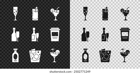 Set Glass of champagne, Cocktail Bloody Mary, Alcohol drink Rum, whiskey, Wine bottle with glass and Champagne and icon. Vector