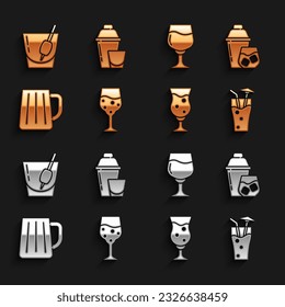 Set Glass of champagne, Cocktail shaker, beer, Wooden mug, Wine glass, Bloody Mary and  icon. Vector