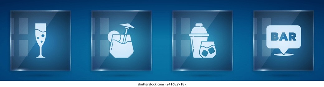 Set Glass of champagne, Cocktail, shaker and Alcohol bar location. Square glass panels. Vector