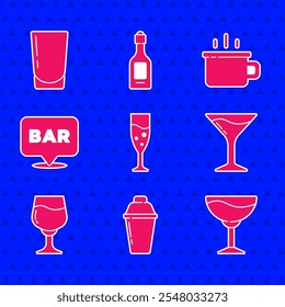 Set Glass of champagne, Cocktail shaker, Wine glass, Martini, Alcohol bar location, Coffee cup and with water icon. Vector