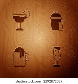 Set Glass of champagne, Cocktail, Wooden beer mug and shaker on wooden background. Vector
