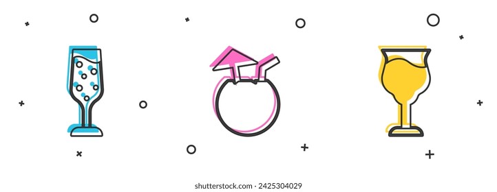 Set Glass of champagne, Coconut cocktail and Wine glass icon. Vector