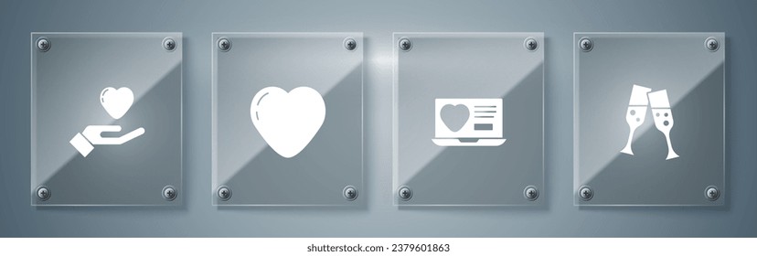 Set Glass of champagne, Dating app online, Heart and hand. Square glass panels. Vector