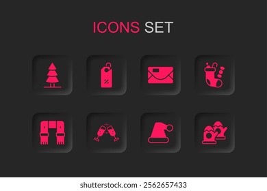 Set Glass of champagne, Discount percent tag, Christmas tree, Santa Claus hat, stocking, mittens, Envelope and Winter scarf icon. Vector