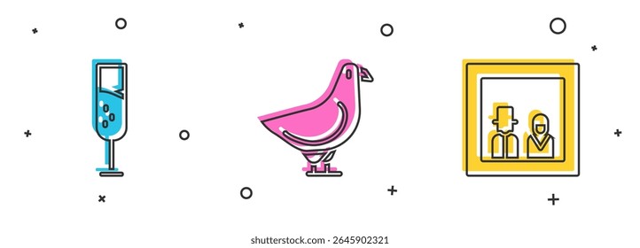 Set Glass of champagne, Dove and Family photo icon. Vector