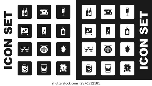 Set Glass of champagne, Effervescent tablets in water, whiskey, Bottles wine, Whiskey bottle, Cheese, Hop and cognac or brandy icon. Vector