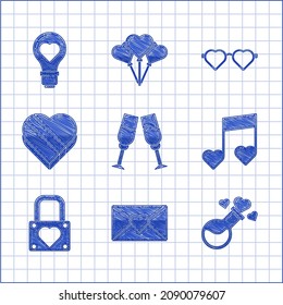 Set Glass of champagne, Envelope with Valentine heart, Bottle love potion, Music note, tone hearts, Lock and, Candy shaped box, Heart glasses and light bulb icon. Vector