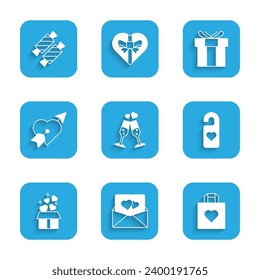 Set Glass of champagne, Envelope with Valentine heart, Shopping bag, Please do not disturb, Gift box hearts, Amour and arrow,  and Candy icon. Vector