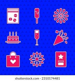 Set Glass of champagne, Firework, Greeting card, Festive confetti, Shopping bag with heart, Cake burning candles,  and Plastic drug icon. Vector