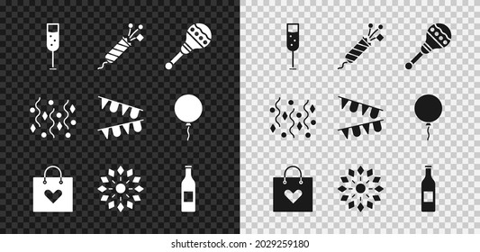Set Glass of champagne, Firework rocket, Maracas, Shopping bag with heart, Beer bottle, Festive confetti and Carnival garland flags icon. Vector