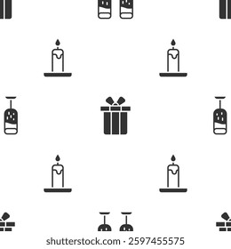 Set Glass of champagne, Gift box and Burning candle on seamless pattern. Vector