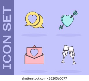 Set Glass of champagne, Heart in speech bubble, Envelope with Valentine heart and Amour and arrow icon. Vector