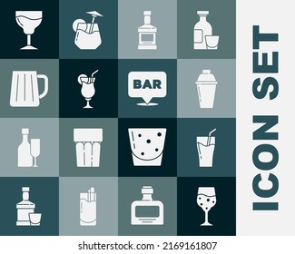 Set Glass of champagne, juice, Cocktail shaker, Whiskey bottle, Wooden beer mug, Wine glass and Alcohol bar location icon. Vector