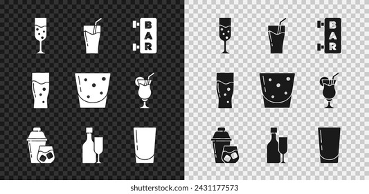 Set Glass of champagne, juice, Street signboard with Bar, Cocktail shaker, Wine bottle glass, water, beer and rum icon. Vector