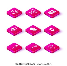 Set Glass of champagne, Key in heart shape, Castle the and key, Two Linked Hearts, Wedding rings, coffee cup, Valentines day party flyer with and Candlestick icon. Vector