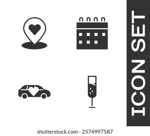 Set Glass of champagne, Location with heart, Limousine car and Calendar icon. Vector