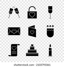 Set Glass of champagne, Lock and heart, Wine glass, Envelope with Valentine, Wedding cake, Burning candle,  and Valentines day flyer icon. Vector