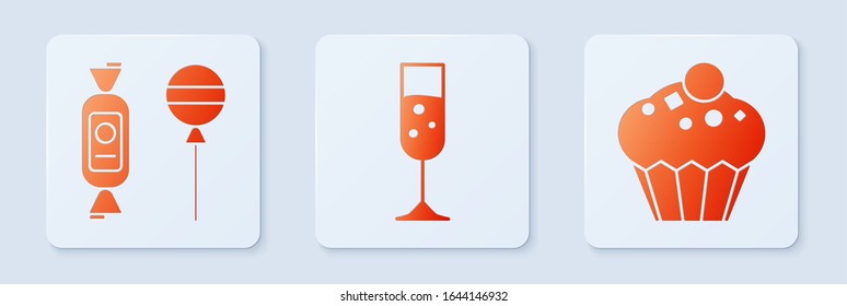 Set Glass of champagne , Lollipop  and Muffin . White square button. Vector