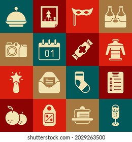 Set Glass of champagne, New year goals list, Christmas sweater, Festive mask, Calendar, Photo camera, covered with tray and Candy icon. Vector