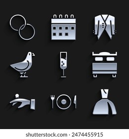 Set Glass of champagne, Plate, fork and knife, Woman dress, Bedroom, Wedding rings on hand, Dove, Suit and  icon. Vector