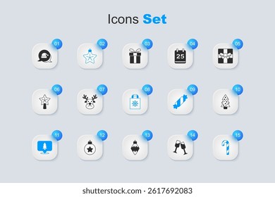 Set Glass of champagne, Reindeer, Christmas star, tree, Candy cane with stripes, Santa Claus hat and shopping bag icon. Vector