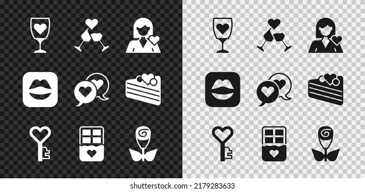 Set Glass of champagne, Romantic girl, Key in heart shape, Chocolate bar, Flower rose, Smiling lips and Heart speech bubble icon. Vector