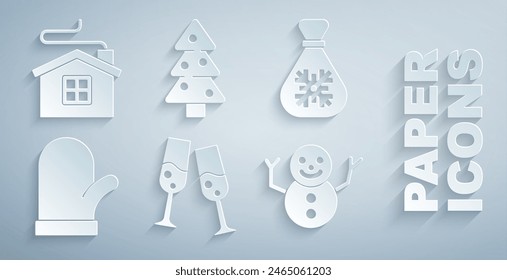 Set Glass of champagne, Santa Claus bag gift, Christmas mitten, snowman, tree and Merry house icon. Vector