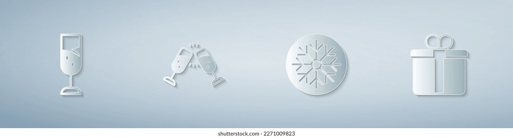 Set Glass of champagne, Snowflake and Gift box. Paper art style. Vector